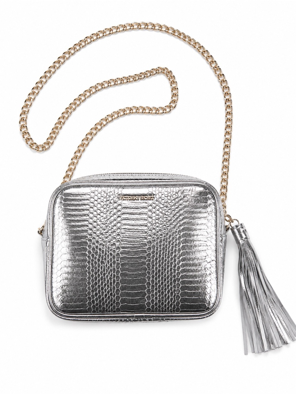 Victoria’s Secret Silver Metallic Crossbody Bag Tassel Gold Chain NWT Y2K Runway
